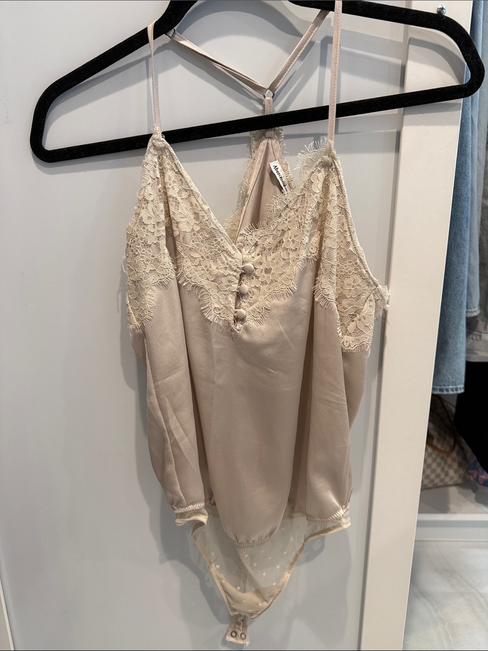 Abercrombie & Fitch Beige Lace-Trim Satin Chemise Bodysuit